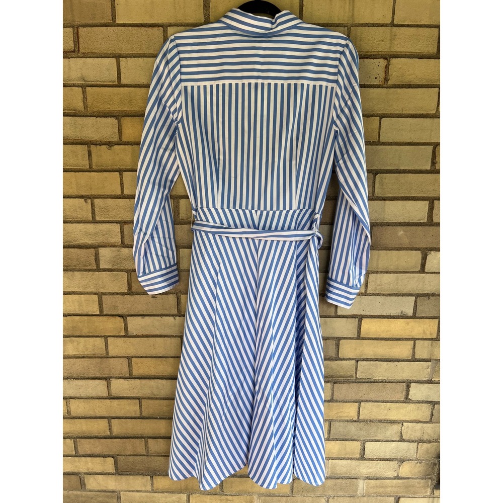 Talbots Blue White Striped Cotton Shirt Dress Pockets Tie Belted Size 8 Medium - Picture 8 of 8